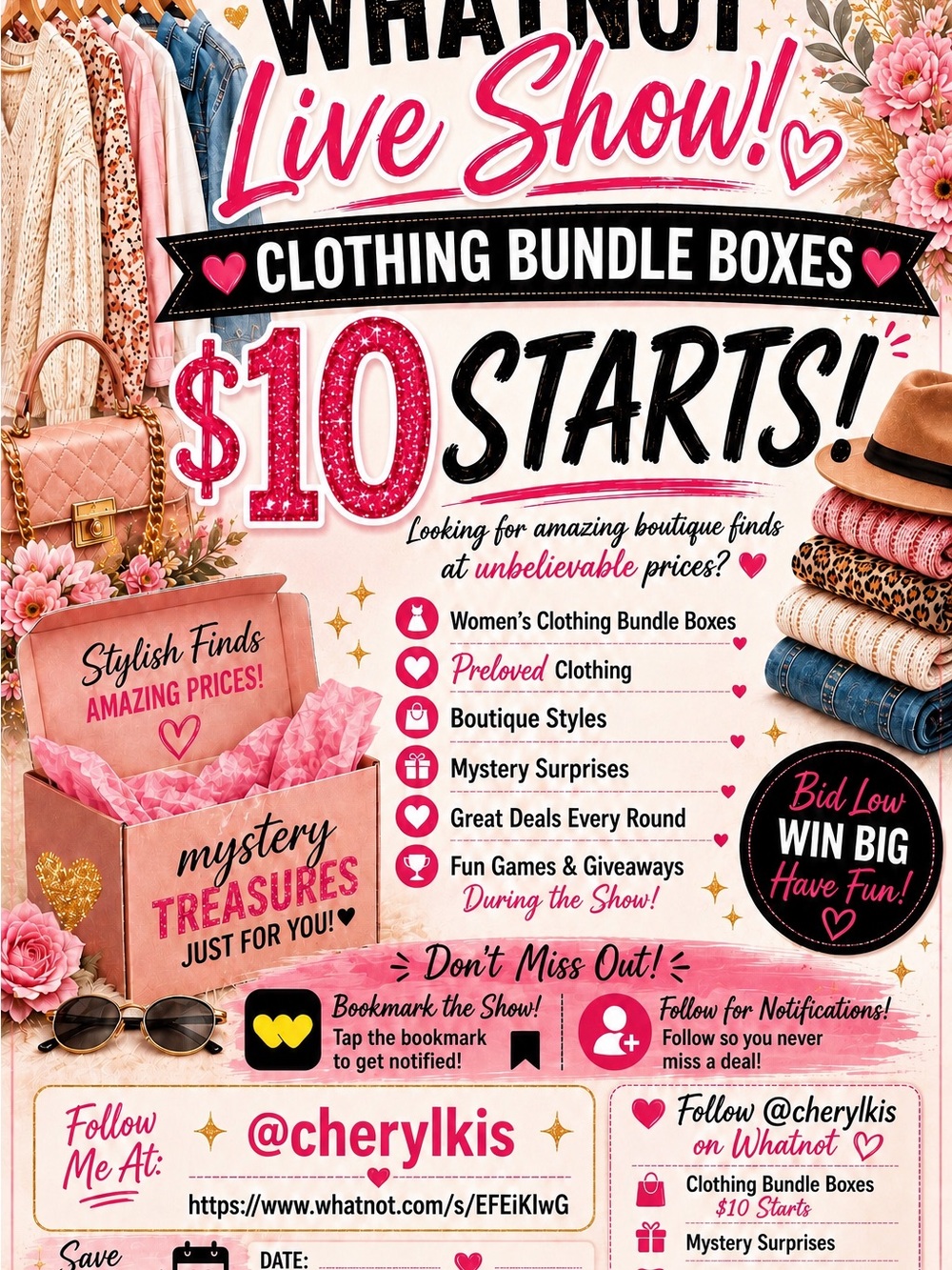 Whatnot Live Show Clothing Bundle Boxes $10 Starts! Pink Promotional Poster